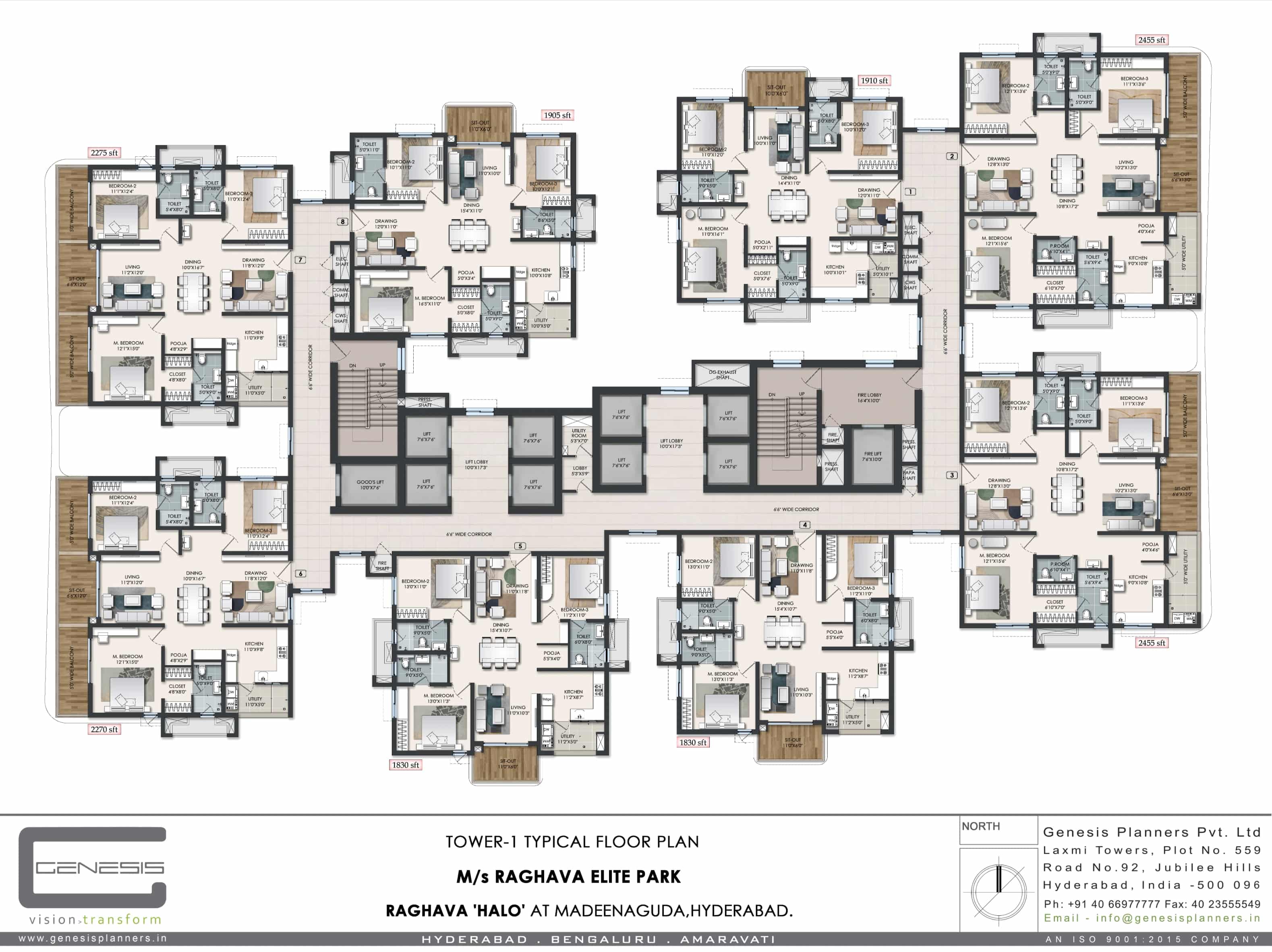 Raghava Halo floor plan — 3 BHK · 1830–1910 sft, Kondapur