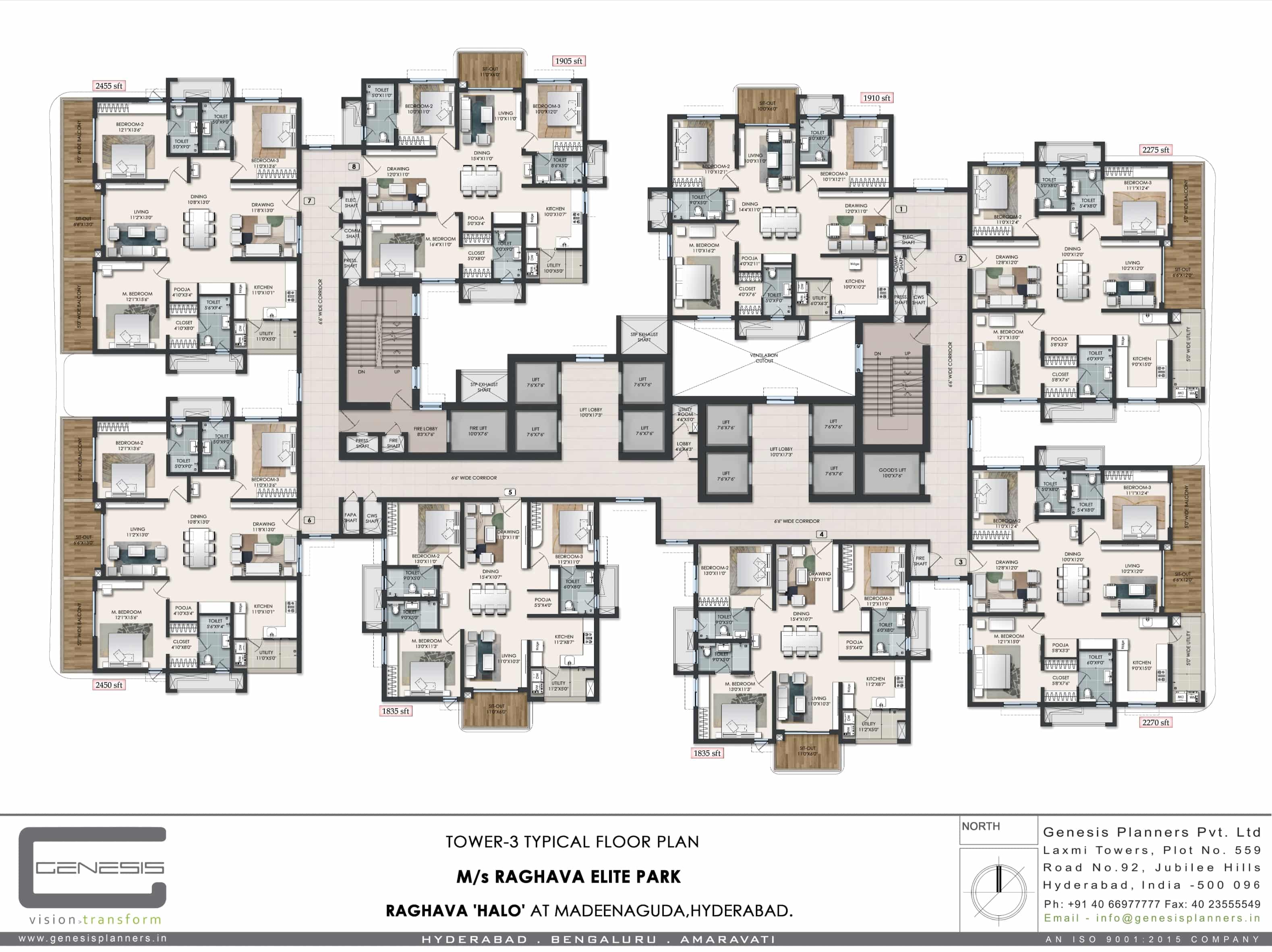 Raghava Halo floor plan — 3 BHK · 2450–2455 sft, Kondapur
