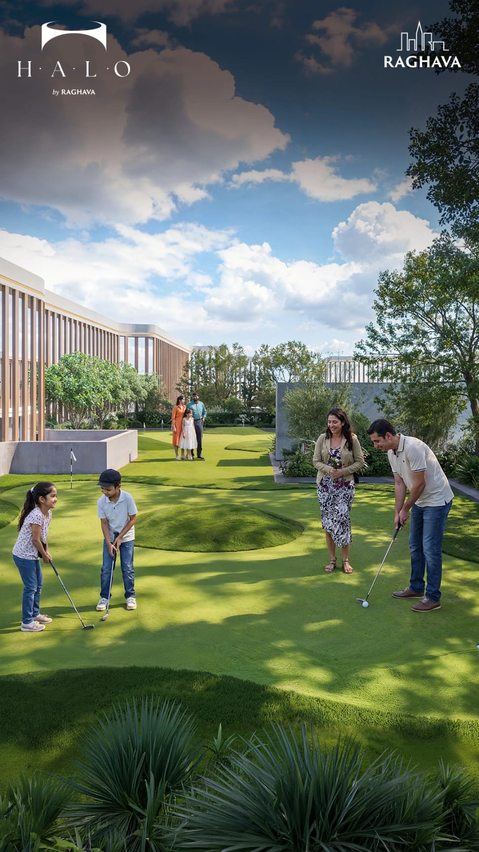 Rooftop putting green at Raghava Halo, Kondapur, with families practising