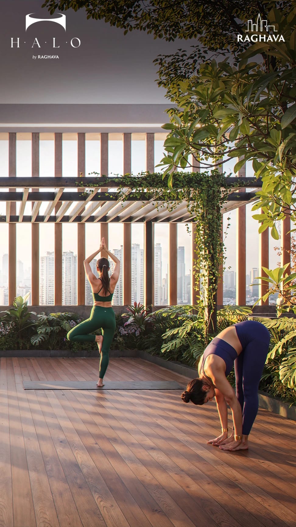 Rooftop yoga deck at Raghava Halo overlooking the Kondapur skyline, near HCU
