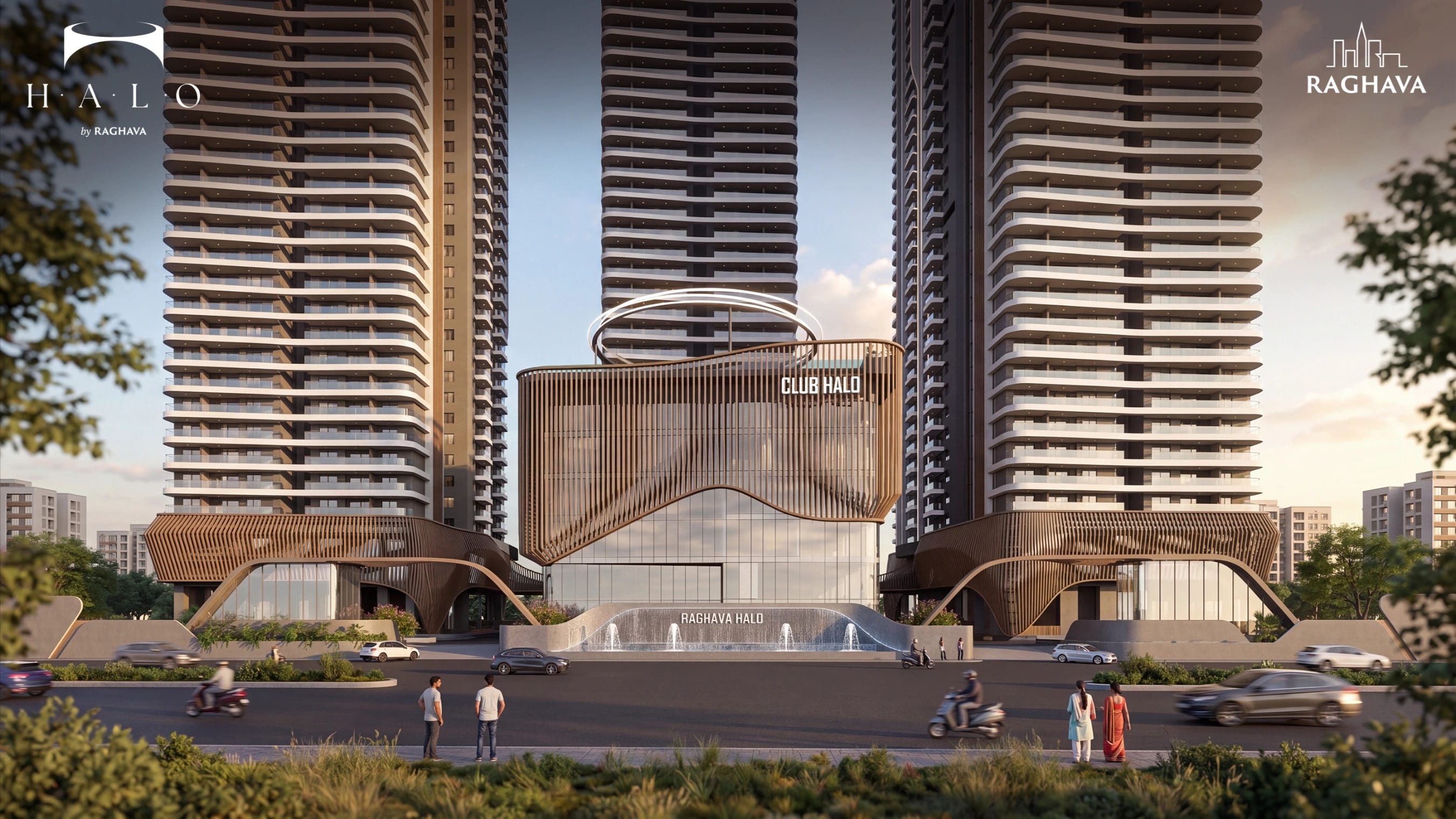 Club Halo, the clubhouse at the base of the Raghava Halo towers in Kondapur, at golden hour