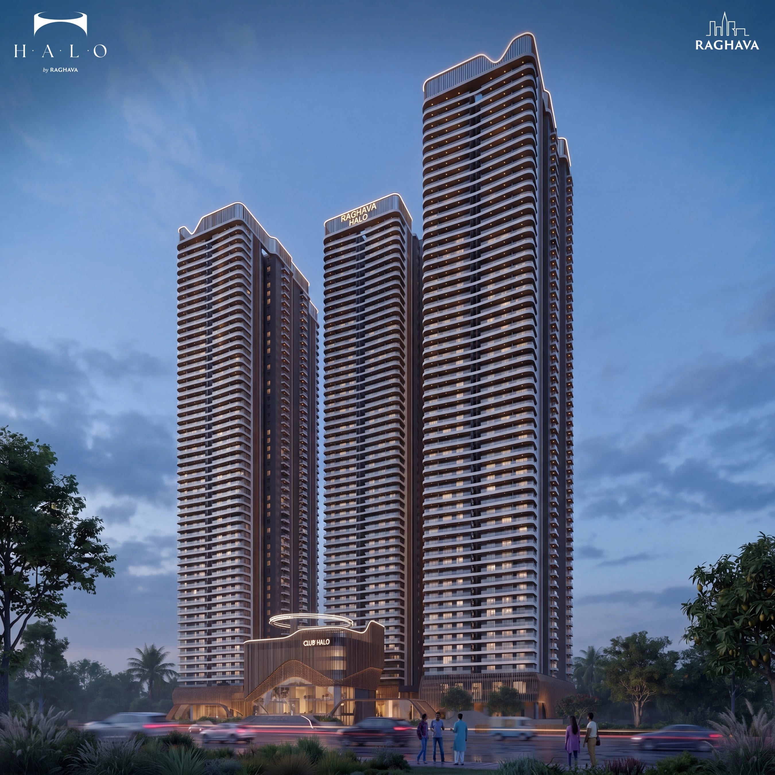 Raghava Halo — the three RERA-approved 3 BHK towers and Club Halo, illuminated at dusk in Kondapur, near HCU, Hyderabad